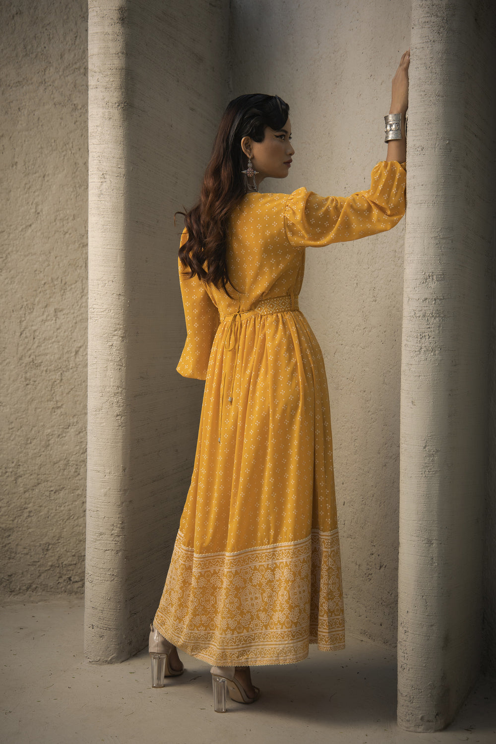 Juniper Mustard Georgette Festive Khadi Print Flared Dress For Women
