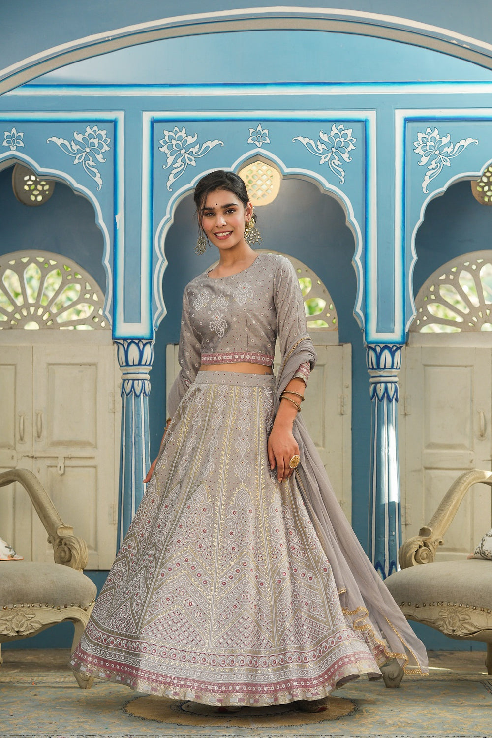 Juniper Grey Santoon Slub Festive Foil Printed Straight Lehnga Choli Set For Women