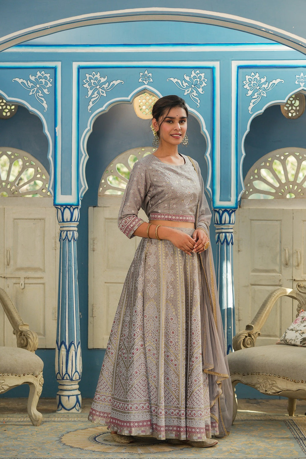 Juniper Grey Santoon Slub Festive Foil Printed Straight Lehnga Choli Set For Women