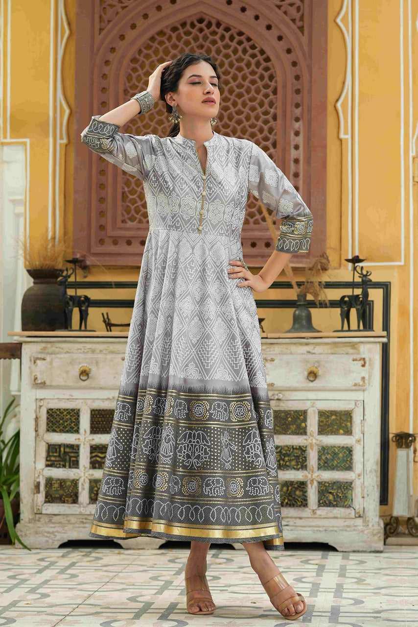 Juniper Grey Shantoon Festive Khadi Print Foil Print Flared Dress For Women