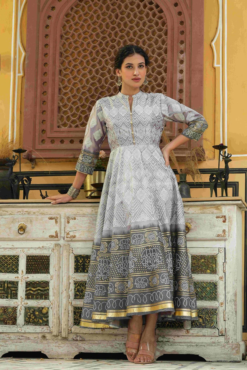 Juniper Grey Shantoon Festive Khadi Print Foil Print Flared Dress For Women