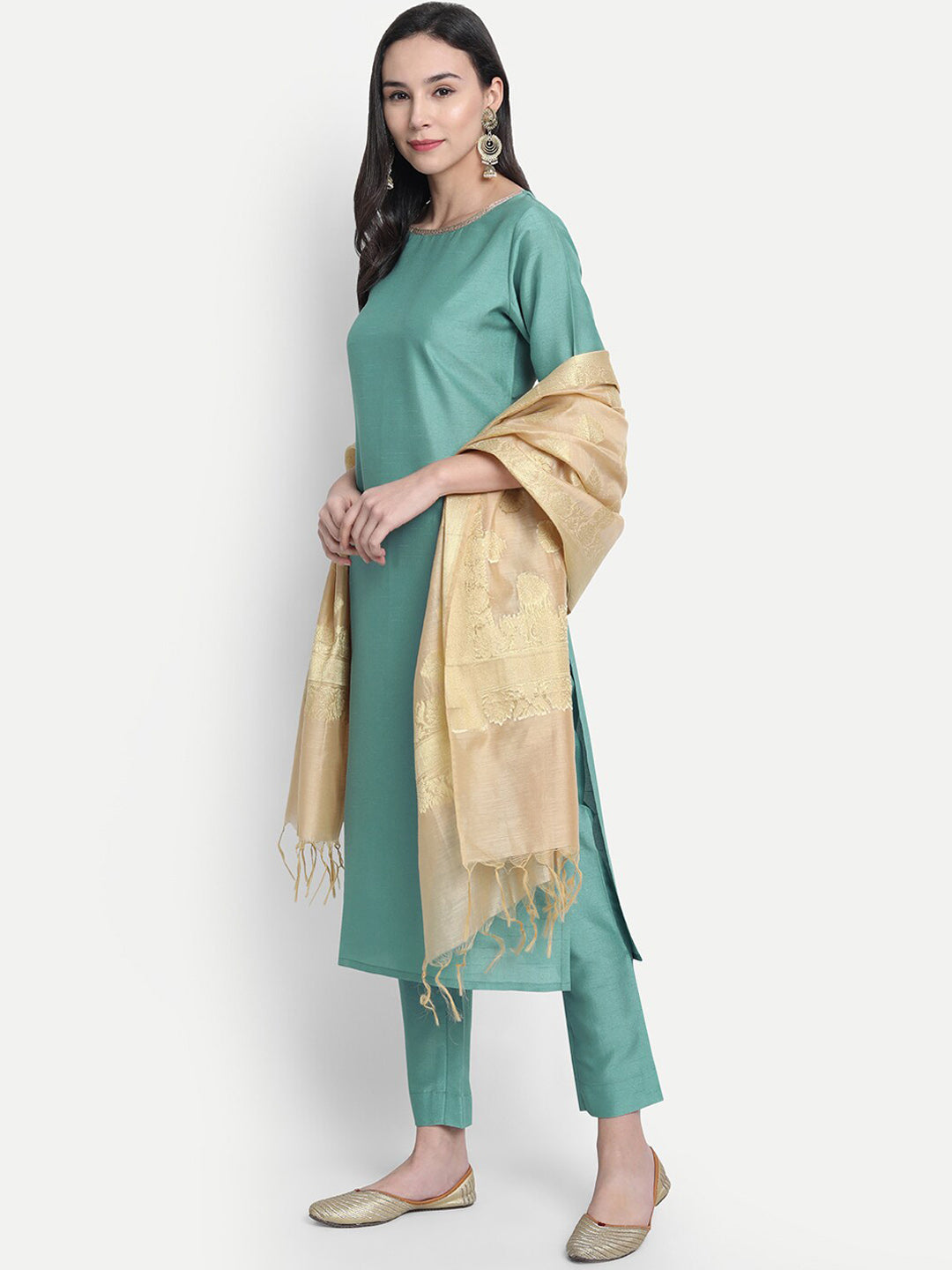 Janasya Women Green Solid Straight Kurta & Trousers With Dupatta
