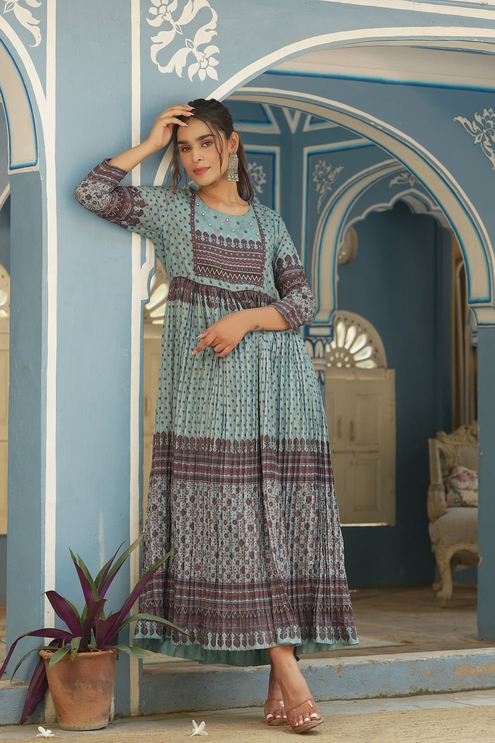 Juniper Sky Blue Muslin Festive Printed Flared Dress For Women