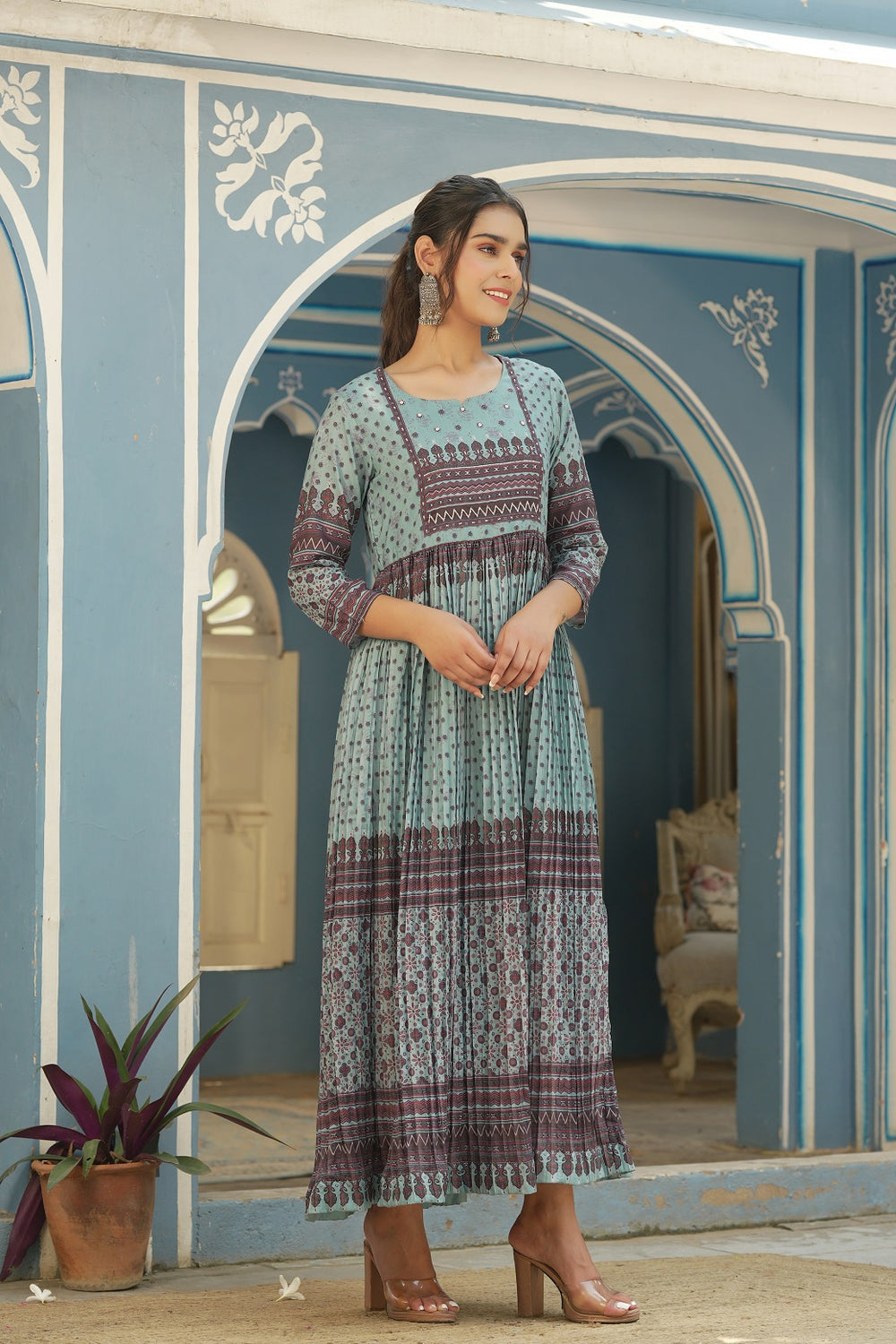 Juniper Sky Blue Muslin Festive Printed Flared Dress For Women