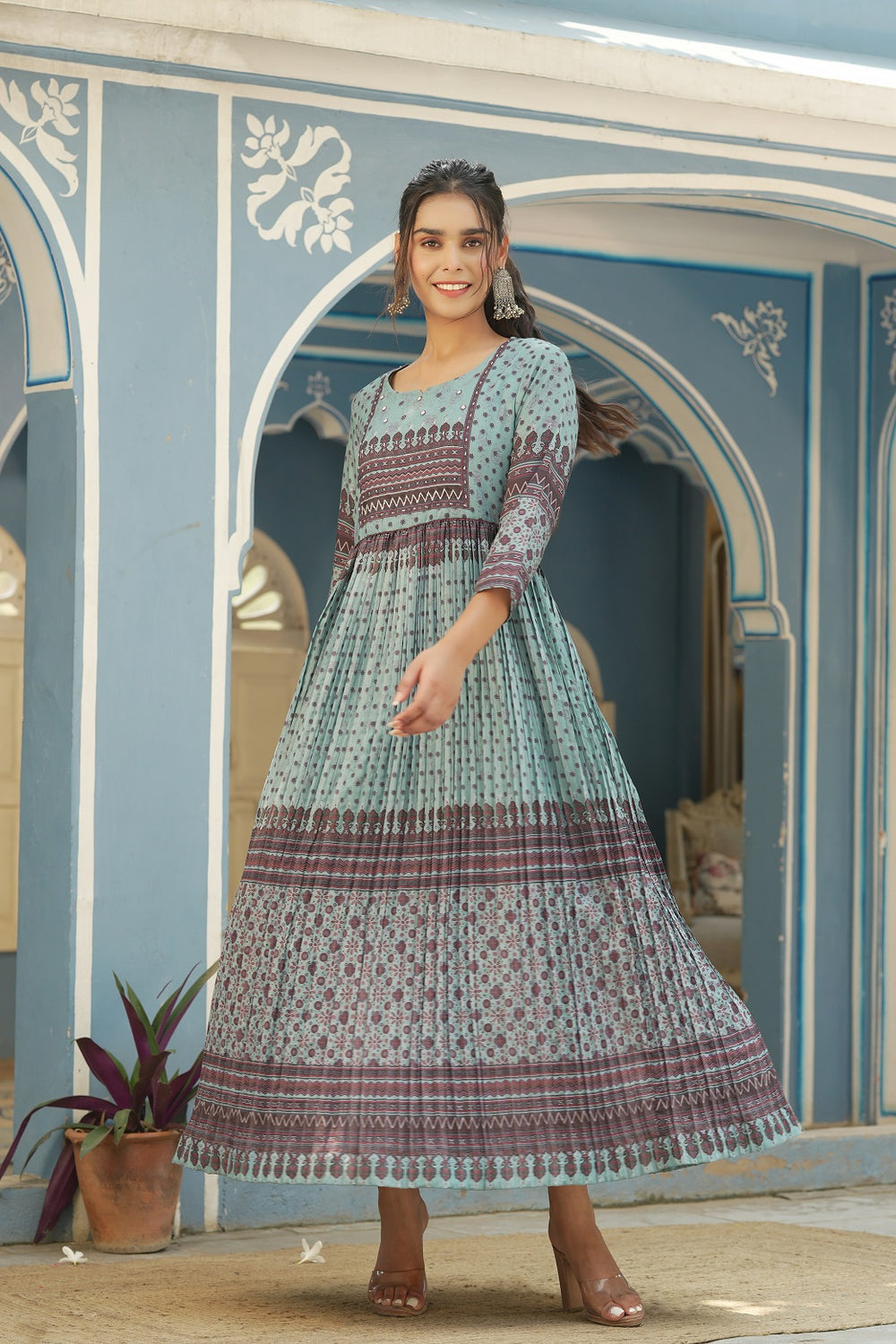 Juniper Sky Blue Muslin Festive Printed Flared Dress For Women