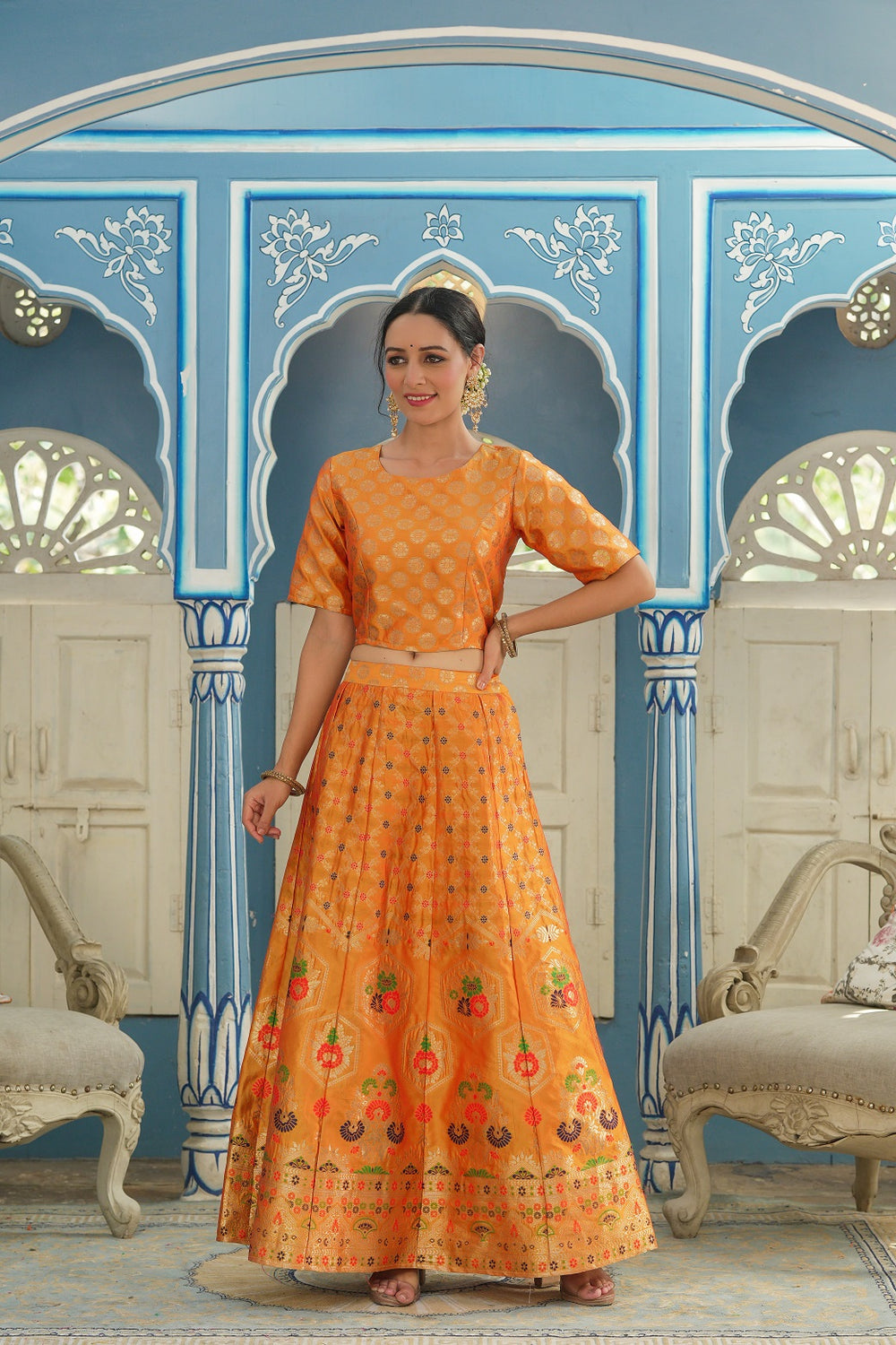 Juniper Women's Mustared Printed Brocade Festive Wear Lehenga Choli Sets