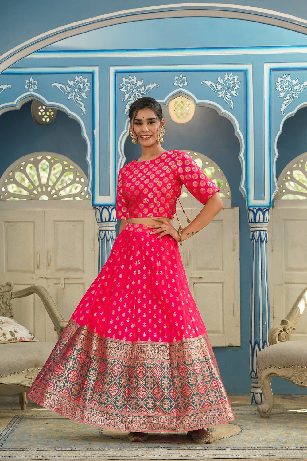 Juniper Women's Fuschia Printed Brocade Festive Wear Lehenga Choli Sets