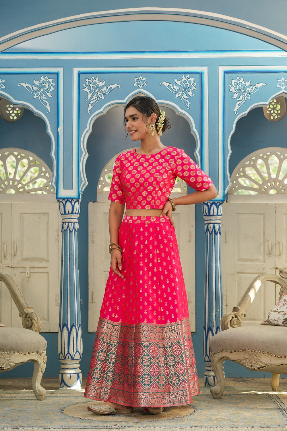Juniper Women's Fuschia Printed Brocade Festive Wear Lehenga Choli Sets