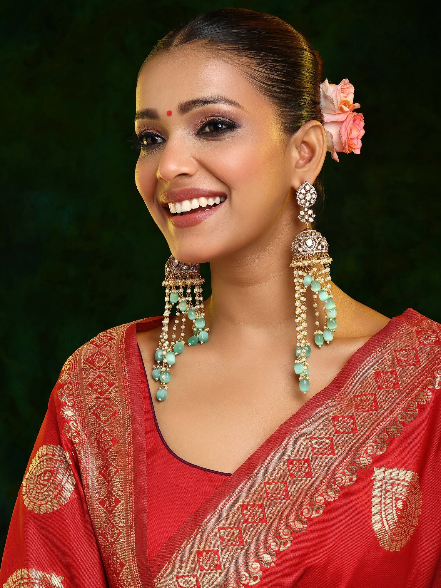Ruby Raang 22k Gold Polished Diamond And Stone Jhumka Earrings | Swadesiicart