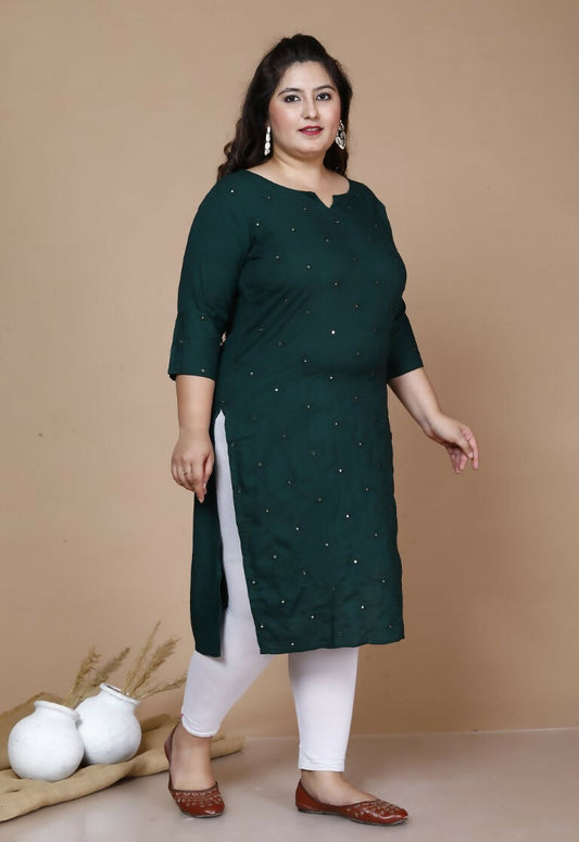 Miravan Women's Plus Size Green Embroidered Straight Kurti