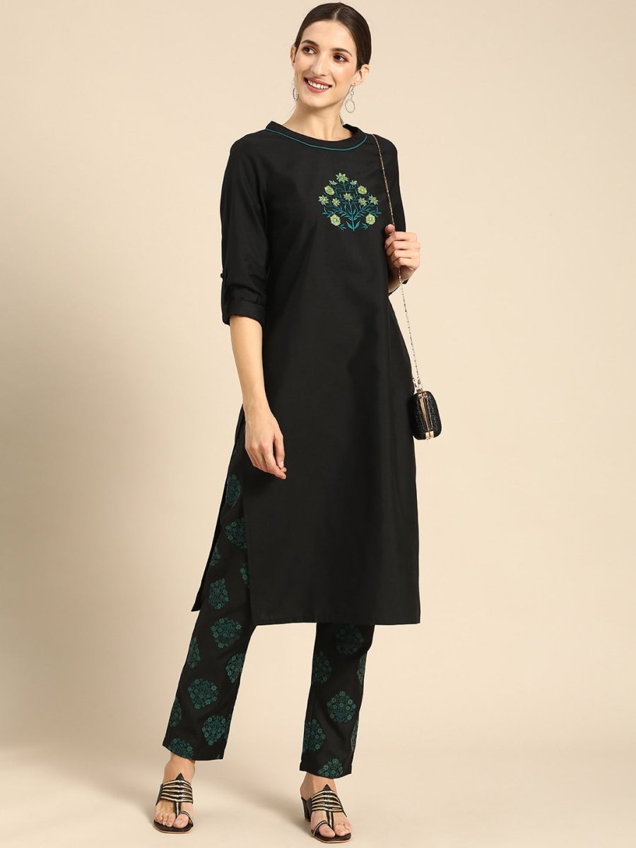 All About You Women Black Floral Yoke Design Regular Thread Work Kurta with Trousers