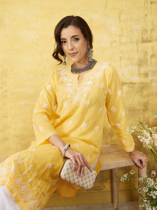 ADA Women Yellow & White Chikankari Embroidered Straight Sustainable Handloom Kurta 