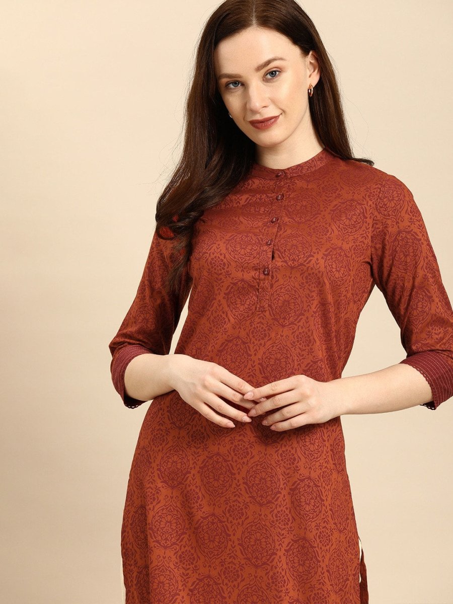 All About You Women Rust Brown Ethnic Motifs Printed Straight Kurta