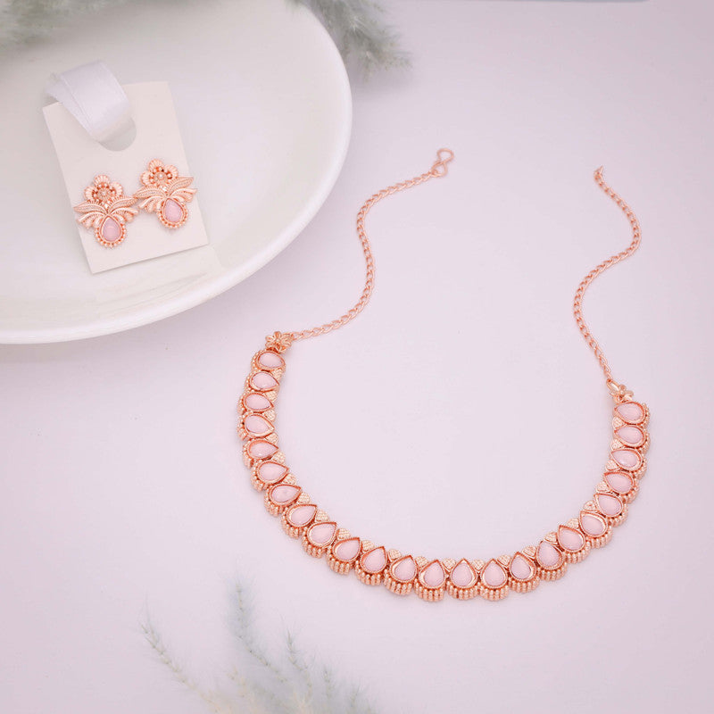 Tehzeeb Creationss Rose Gold Polish Baby Pink Colour Necklace With Pair Of Earrings Tehzeeb Creations