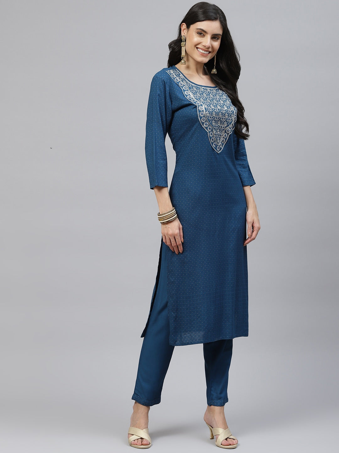 HERE&NOW Women Blue Embroidered Kurta with Trousers & Dupatta