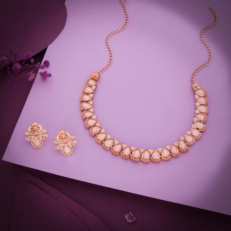 Tehzeeb Creationss Rose Gold Polish Baby Pink Colour Necklace With Pair Of Earrings Tehzeeb Creations