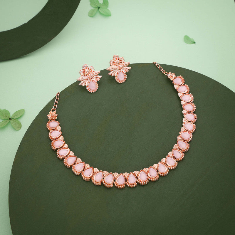 Tehzeeb Creationss Rose Gold Polish Baby Pink Colour Necklace With Pair Of Earrings Tehzeeb Creations