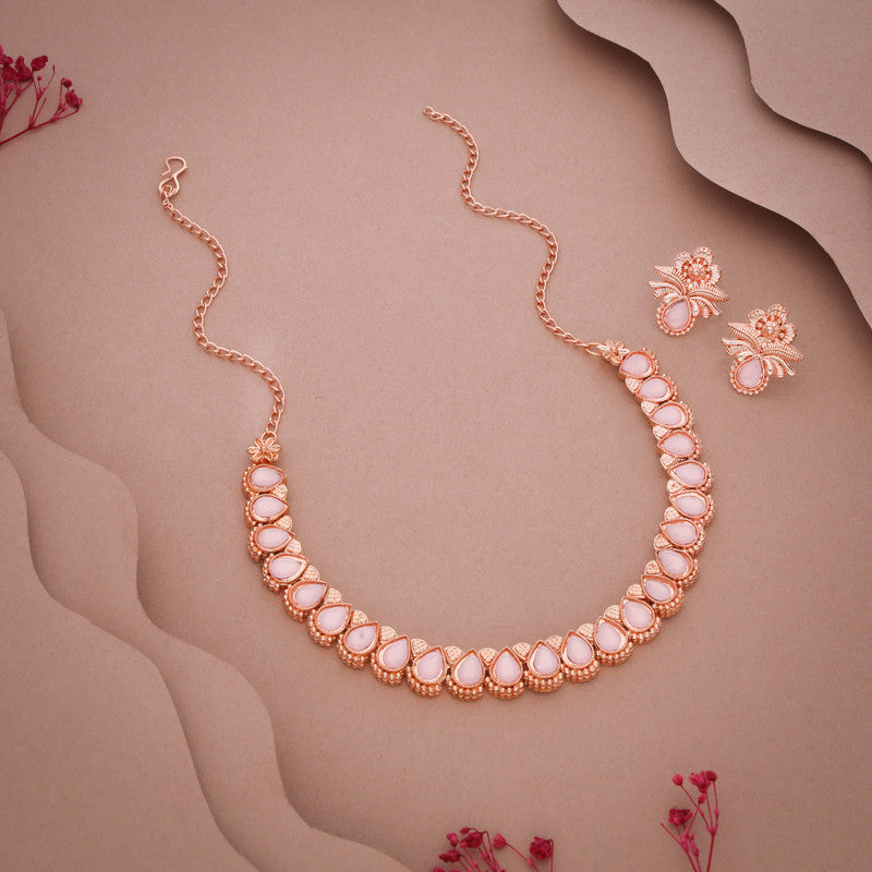 Tehzeeb Creationss Rose Gold Polish Baby Pink Colour Necklace With Pair Of Earrings Tehzeeb Creations