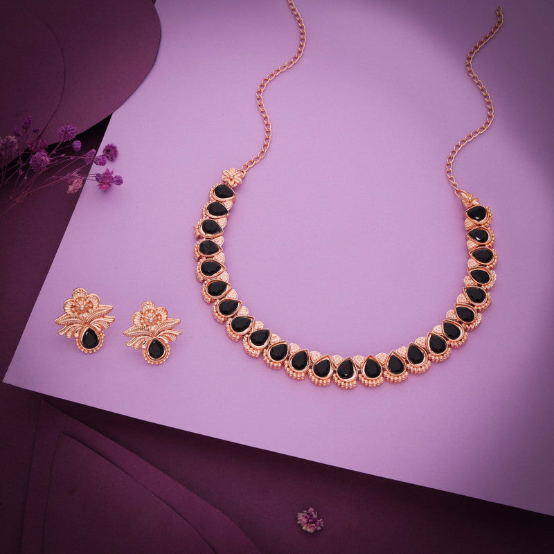 Tehzeeb Creationss Rose Gold Polish Black Colour Necklace With Pair Of Earrings Tehzeeb Creations