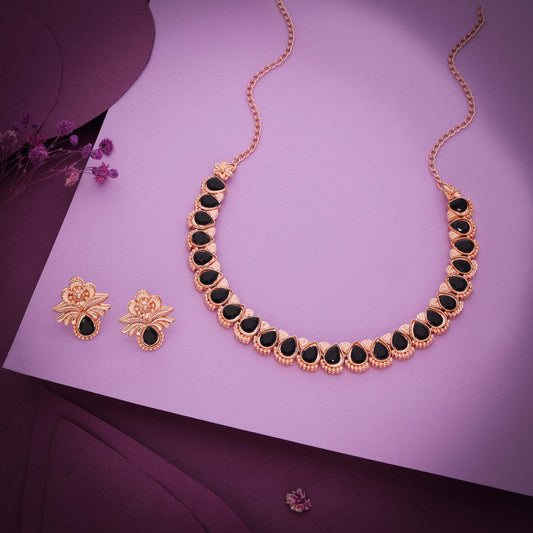 Tehzeeb Creationss Rose Gold Polish Black Colour Necklace With Pair Of Earrings Tehzeeb Creations