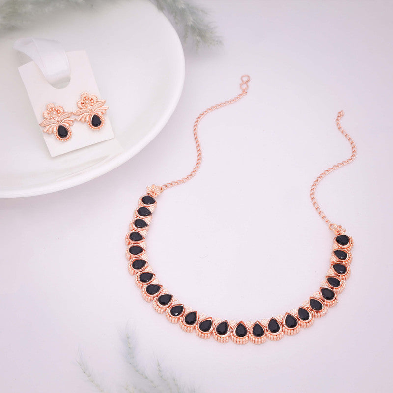 Tehzeeb Creationss Rose Gold Polish Black Colour Necklace With Pair Of Earrings Tehzeeb Creations