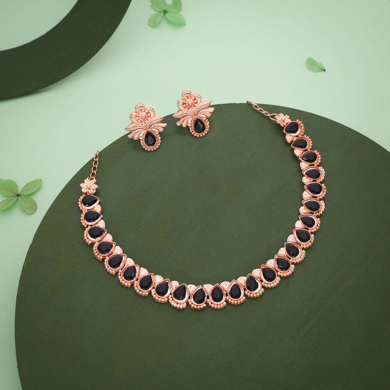 Tehzeeb Creationss Rose Gold Polish Black Colour Necklace With Pair Of Earrings Tehzeeb Creations