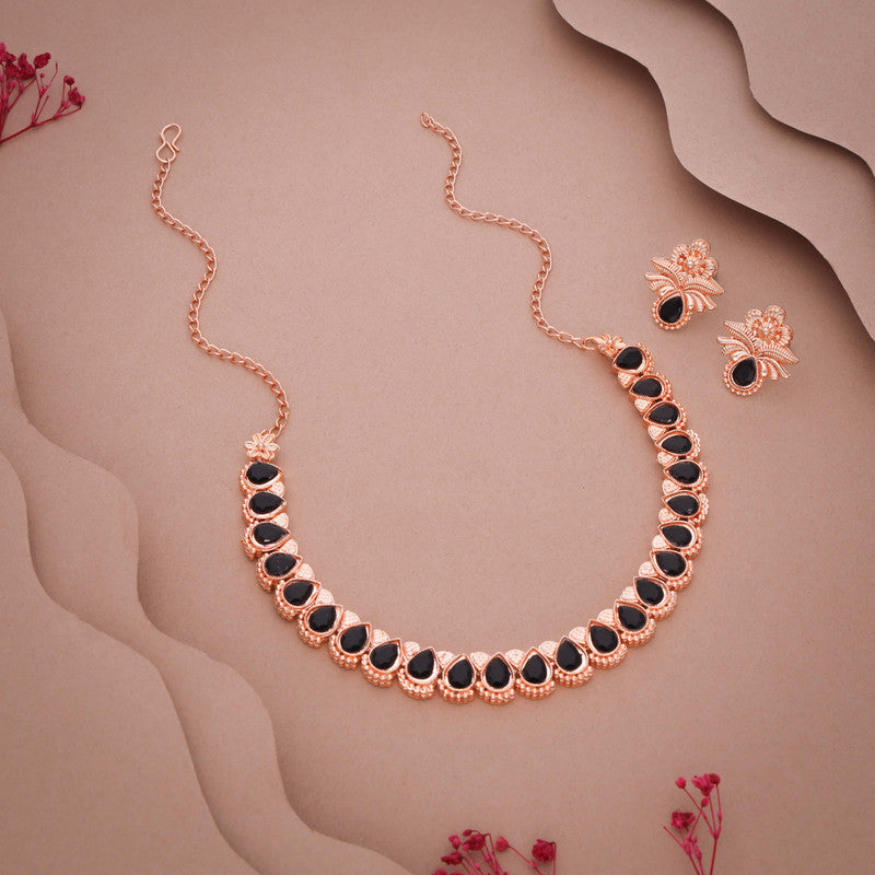 Tehzeeb Creationss Rose Gold Polish Black Colour Necklace With Pair Of Earrings Tehzeeb Creations