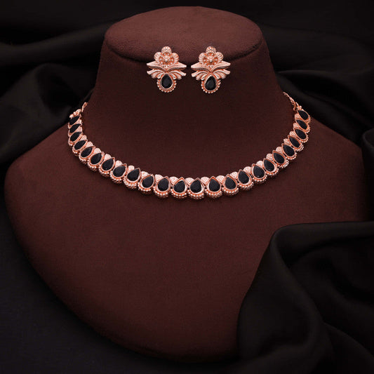 Tehzeeb Creationss Rose Gold Polish Black Colour Necklace With Pair Of Earrings Tehzeeb Creations