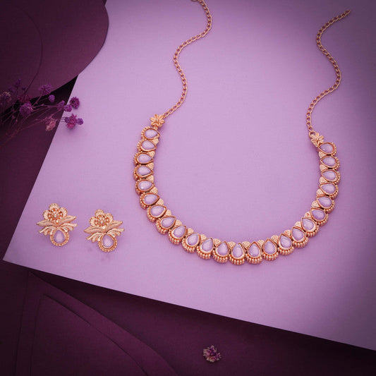 Tehzeeb Creationss Rose Gold Polish Lavender Colour Necklace With Pair Of Earrings Tehzeeb Creations