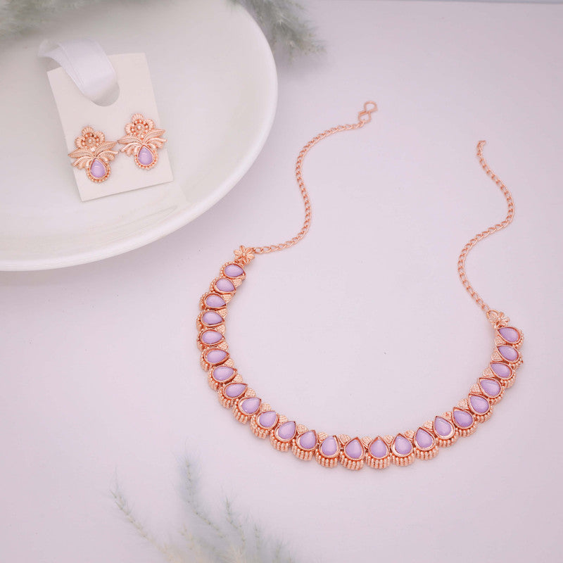 Tehzeeb Creationss Rose Gold Polish Lavender Colour Necklace With Pair Of Earrings Tehzeeb Creations