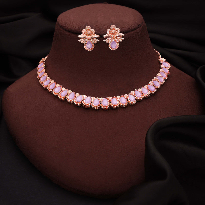 Tehzeeb Creationss Rose Gold Polish Lavender Colour Necklace With Pair Of Earrings Tehzeeb Creations
