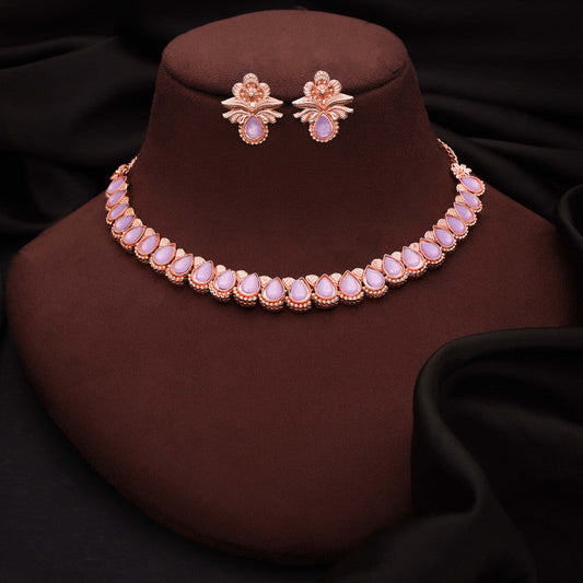 Tehzeeb Creationss Rose Gold Polish Lavender Colour Necklace With Pair Of Earrings Tehzeeb Creations