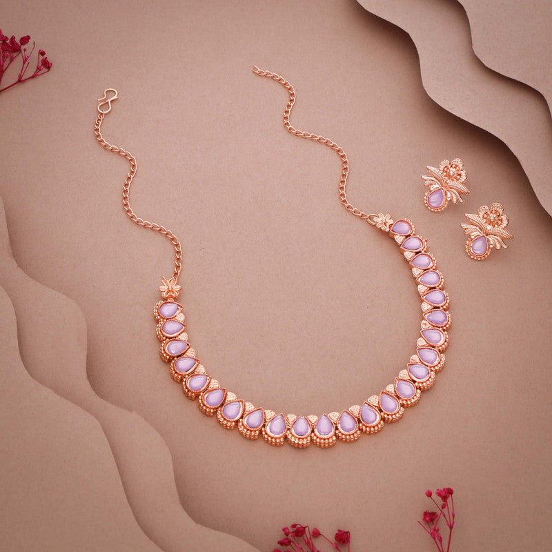 Tehzeeb Creationss Rose Gold Polish Lavender Colour Necklace With Pair Of Earrings Tehzeeb Creations