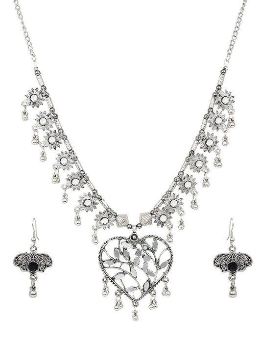 Cardinal Women Silver-Toned Oxidised Stone Studded & Beaded Heart Shaped Jewellery Set - Grab2buy