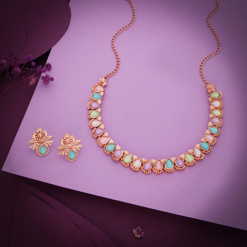 Tehzeeb Creationss Rose Gold Polish Multi Colour Necklace With Pair Of Earrings Tehzeeb Creations