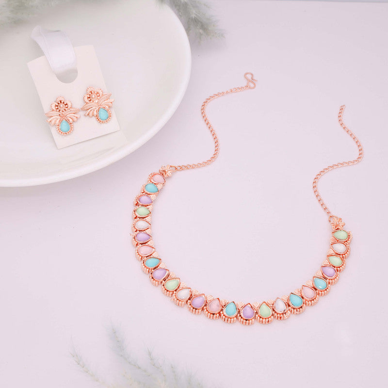 Tehzeeb Creationss Rose Gold Polish Multi Colour Necklace With Pair Of Earrings Tehzeeb Creations