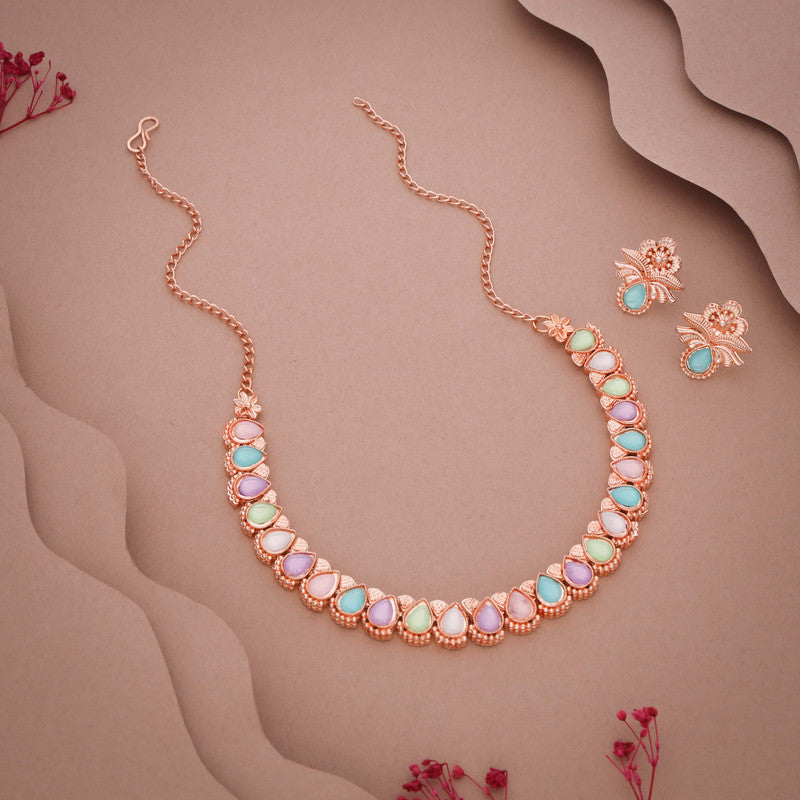 Tehzeeb Creationss Rose Gold Polish Multi Colour Necklace With Pair Of Earrings Tehzeeb Creations