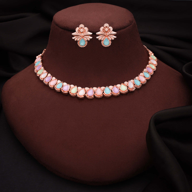 Tehzeeb Creationss Rose Gold Polish Multi Colour Necklace With Pair Of Earrings Tehzeeb Creations