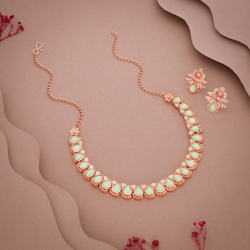 Tehzeeb Creationss Rose Gold Polish Sea Green Colour Necklace With Pair Of Earrings Tehzeeb Creations