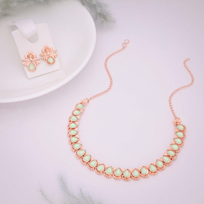 Tehzeeb Creationss Rose Gold Polish Sea Green Colour Necklace With Pair Of Earrings Tehzeeb Creations