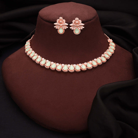 Tehzeeb Creationss Rose Gold Polish Sea Green Colour Necklace With Pair Of Earrings Tehzeeb Creations