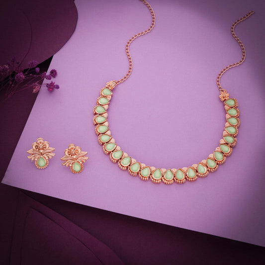 Tehzeeb Creationss Rose Gold Polish Sea Green Colour Necklace With Pair Of Earrings Tehzeeb Creations