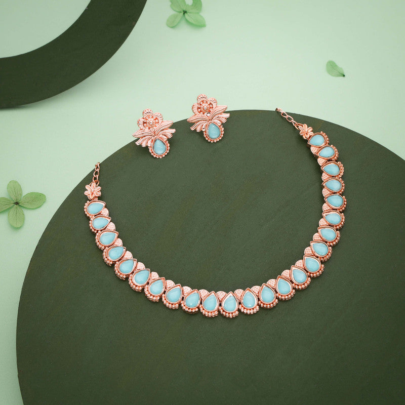 Tehzeeb Creationss Rose Gold Polish Sky Blue Colour Necklace With Pair Of Earrings Tehzeeb Creations
