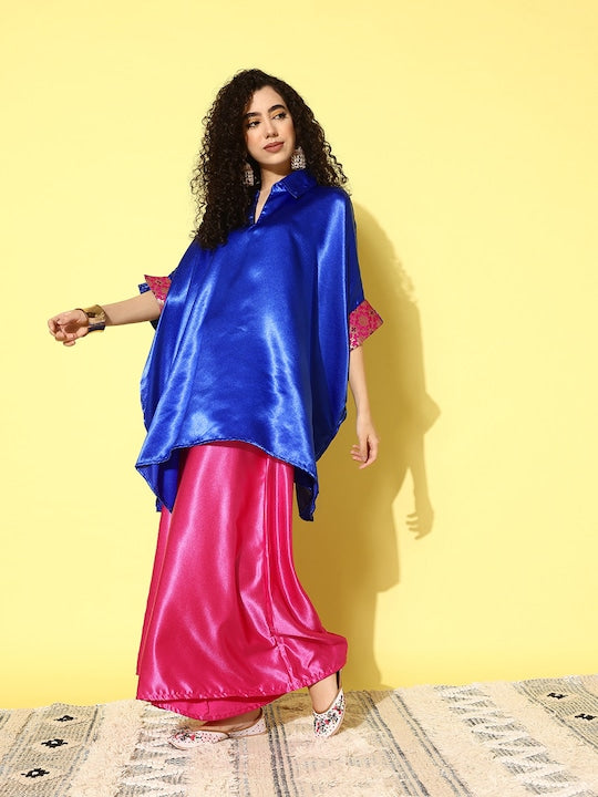 InWeave Women's Blue Pink Brocade Satin Boho Kurta Pink Palazzo Set 