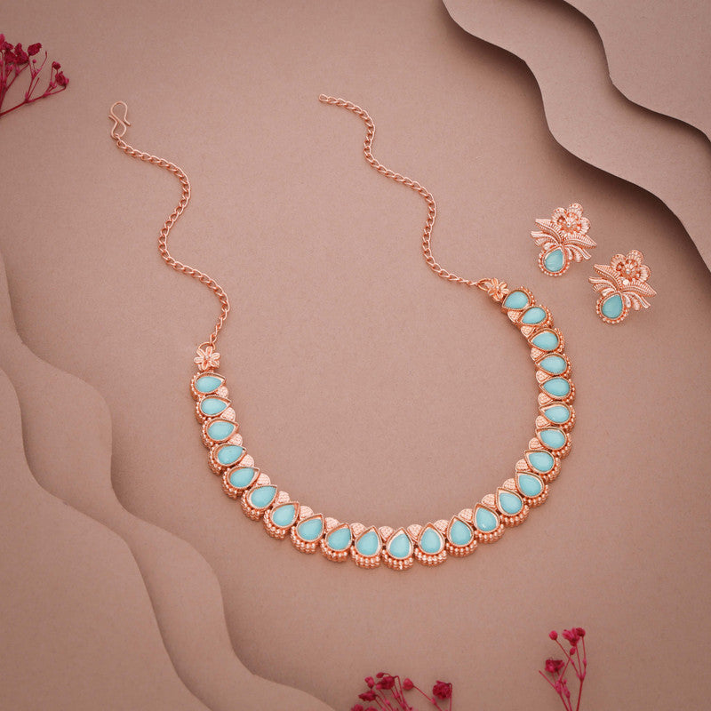 Tehzeeb Creationss Rose Gold Polish Sky Blue Colour Necklace With Pair Of Earrings Tehzeeb Creations