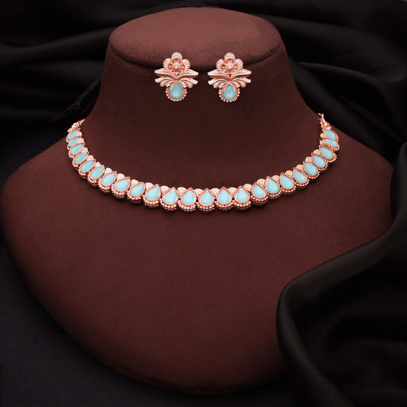 Tehzeeb Creationss Rose Gold Polish Sky Blue Colour Necklace With Pair Of Earrings Tehzeeb Creations