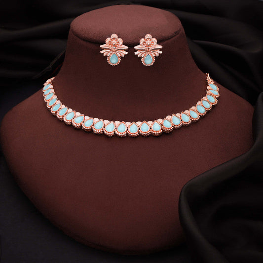 Tehzeeb Creationss Rose Gold Polish Sky Blue Colour Necklace With Pair Of Earrings Tehzeeb Creations