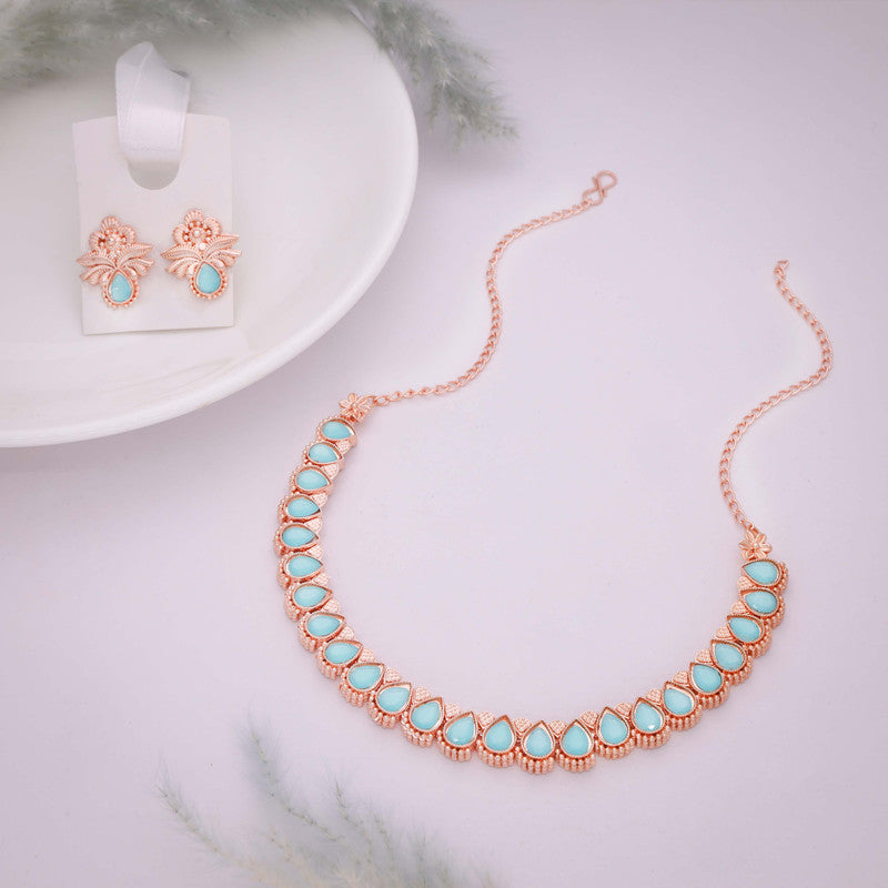 Tehzeeb Creationss Rose Gold Polish Sky Blue Colour Necklace With Pair Of Earrings Tehzeeb Creations