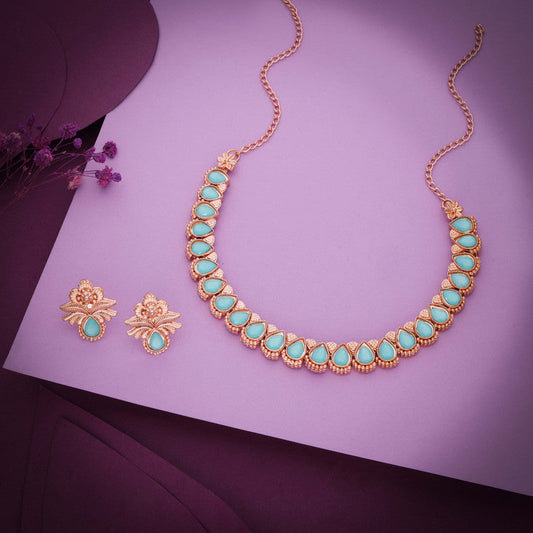 Tehzeeb Creationss Rose Gold Polish Sky Blue Colour Necklace With Pair Of Earrings Tehzeeb Creations