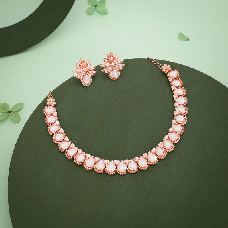 Tehzeeb Creationss Rose Gold Polish White Colour Necklace With Pair Of Earrings Tehzeeb Creations